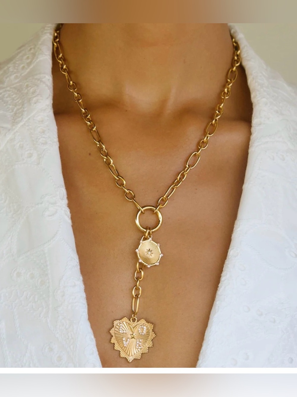 Gold Toggle Chain Medallion Lariat Necklace
